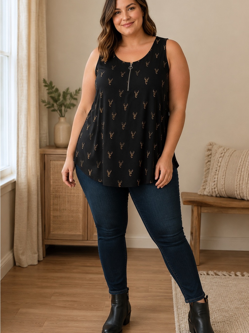 MC Women’s XL Black | Gold Deer with Antlers Print | Zip-Front Tank Top